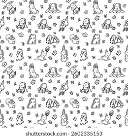 Cute bunny doodle pattern with stars for textile, packaging. Vector illustration.