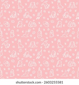 Cute bunny doodle pattern with stars for textile, packaging. Vector illustration.
