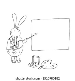 Cute bunny draws. Linear drawing for coloring. Card for congratulations, invitations. Vector illustration.