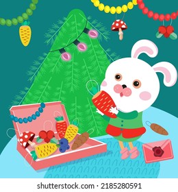 Cute bunny in dress decorates Christmas tree with toys. Cartoon character in room. Single composition, scene on colored background. Vector illustration.