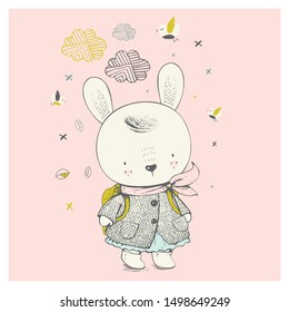 Cute Bunny dressed in a coat and with a backpack on his back. Hand drawn vector illustration. Can be used for t-shirt print, kids wear fashion design, baby shower invitation card