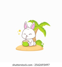 Cute bunny drinking coconut water