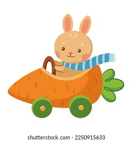 Cute bunny drive carrot car cartoon vector illustration