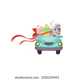 Cute bunny driving blue vintage car decorated with Easter eggs, funny rabbit character, Happy Easter concept cartoon vector Illustration