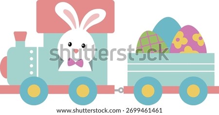 Cute bunny driving Easter egg train flat vector illustration.
Spring Easter train with pastel animals and eggs.
Transparent background.
