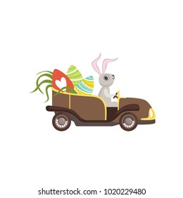 Cute bunny driving vintage car decorated with Easter eggs, funny rabbit character, Happy Easter concept cartoon vector Illustration