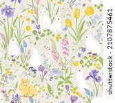 Cute bunny and Duckling in Spring Bloomy flourish garden vector seamless pattern. Vintage romantic nature hand drawn print. Cottage core aesthetic background.