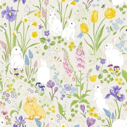 Cute Bunny And Duckling In Spring Bloomy Flourish Garden Vector Seamless Pattern. Vintage Romantic Nature Hand Drawn Print. Cottage Core Aesthetic Background.