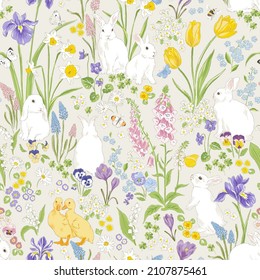 Cute bunny and Duckling in Spring Bloomy flourish garden vector seamless pattern. Vintage romantic nature hand drawn print. Cottage core aesthetic background.