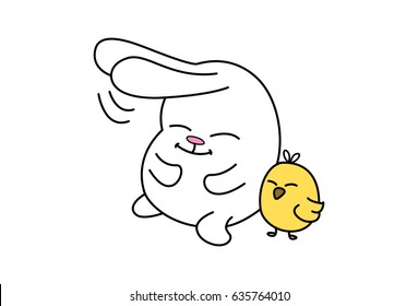 Cute Bunny with a duckling. Vector Illustration. Isolated on white background.