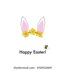 Cute bunny ears with cute doodle bee vector. Happy Easter greeting card