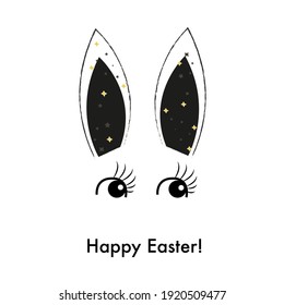 Cute bunny ears and eyes with stars. Happy Easter greeting card spring time background