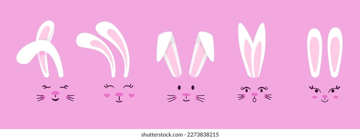 Orejas y caras de conejito. Cara conejo, pequeños conejos y conejos gráficos de Pascua. Máscara infantil de dibujos animados, elementos decorativos de vectores neoterinos animales