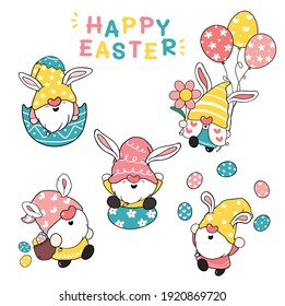 Cute Bunny ears Gnome Happy Easter pastel cartoon doodle illustration clip art collection 