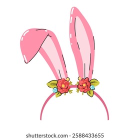 Cute bunny ears. Headband with pink Easter rabbit ears and flowers. Easter mask. Hair hoop in Cartoon style. Attribute of costume. Vector illustration isolated