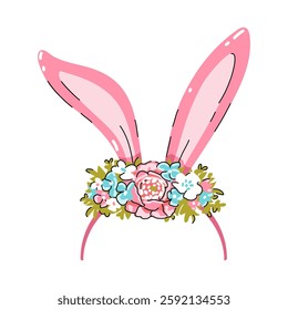 Cute bunny ears. Headband with pink Easter rabbit ears and flowers. Easter mask. Hair hoop in Cartoon style. Attribute of costume. Vector illustration isolated