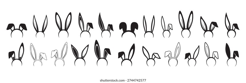 Cute bunny ears headbands collection, easter rabbit ear silhouettes and line art set on white background