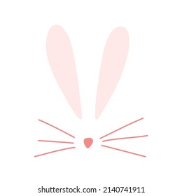 Cute bunny ears, nose and mustache in cartoon flat style isolated on white background. Easter rabbit character for print, kids design. Vector illustration of sweet animal snout