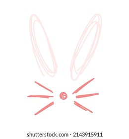 Cute bunny ears, nose and mustache in hand drawn childish cartoon flat style isolated on white background. Easter rabbit character for print, kids design. Vector illustration of sweet animal snout