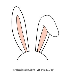 Cute Bunny Ears Vector Illustration. A pair of bunny ears, with the top of the rabbits head. The ears are tall, outlined in black, with soft pink inner details.