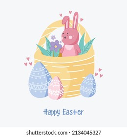 Cute bunny in an easter basket with eggs and flowers. Pink Rabbit. Lettering. Creative design for banner, Greeting card, or social media post.