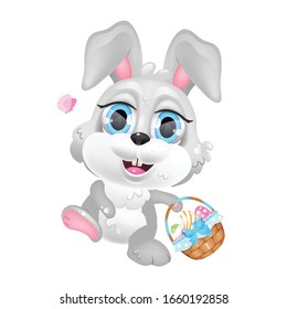 Cute bunny with Easter basket kawaii cartoon vector character. Eggs hunting symbol. Adorable and funny animal isolated sticker, patch. Anime baby rabbit, smiling hare emoji on white background