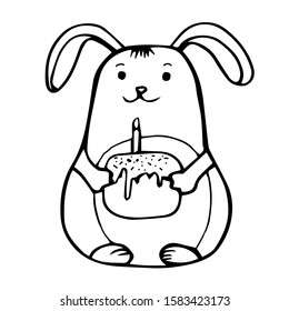 Cute bunny with easter cake. Hand drawn vector stock illustration. Isolated on white background. Ester rabbit. Copy space. Scandinavian style. Trendy. Design for Easter poster, design,card. Clip art.