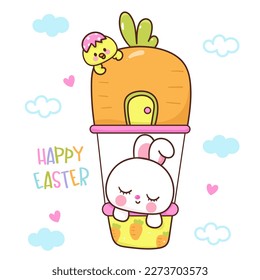 Cute bunny easter in carrot balloon. Series: Kawaii animals rabbit egg hunting (Character cartoon). Spring activities holiday. Perfect make a wish for baby t shirt fairy tale book, celebration party.