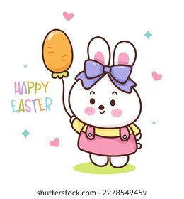 Cute bunny easter with carrot balloon. Series: Kawaii animals rabbit egg hunting (Character cartoon). Spring activities holiday. Perfect make a wish for baby t shirt fairy tale book,celebration party.