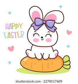 Cute bunny easter with carrot. Series: Kawaii animals rabbit egg hunting (Character cartoon). Spring activities holiday. Perfect make a wish for baby t shirt fairy tale book, celebration party.