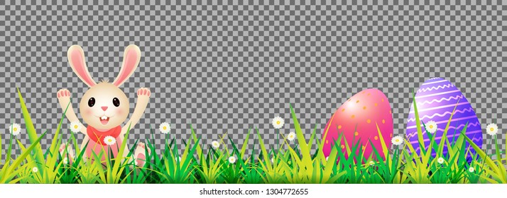 Hermoso conejito y pascua con flores de margarita decorativas sobre fondo transparente para el encabezado o diseño de banner de Happy Easter.