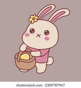 Cute bunny with an Easter egg in the basket. Vector illustration in cartoon style.