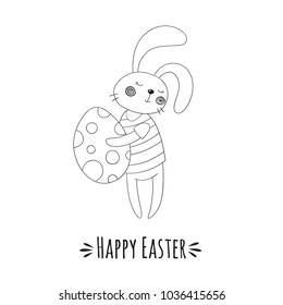Cute bunny with easter egg. Black and white vector illustration.