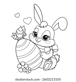Cute bunny with an Easter egg with a butterfly sitting on it. Black and white linear drawing. Isolated on a white background. For children's design of coloring books, prints, posters, postcards, stick