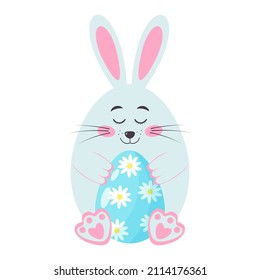 Cute bunny with Easter egg decorated chamomiles. Easter rabbit in the form of an egg is smiling. Cartoon character.