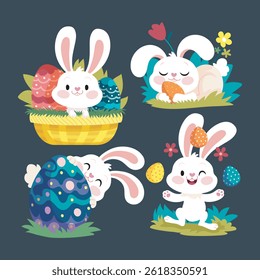 Cute Bunny Easter Egg festive character collection set in isolated background
