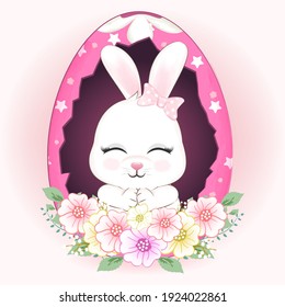 Cute Bunny in Easter egg and flower, Easter day concept illustration