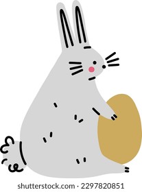 Cute bunny with easter egg. Hand drawn flat vector illustration.