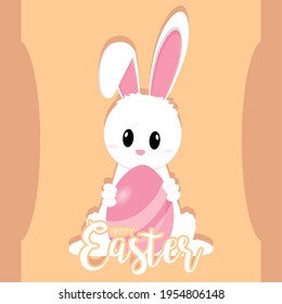 Cute bunny with an easter egg. Happy easter poster - Vector illustration