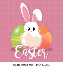 Cute bunny in a easter egg. Happy easter poster - Vector illustration