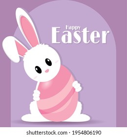 Cute bunny with an easter egg. Happy easter poster - Vector illustration