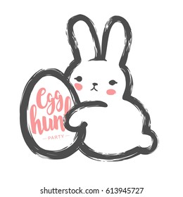 Cute Bunny with Easter Egg. Minimalist Childish Illustration for Easter Party, Holidays Event for Children or Congratulation Postcard.