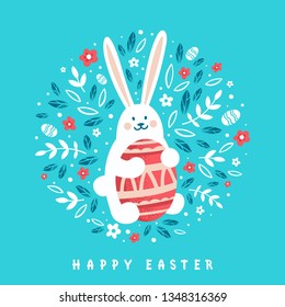 Cute Bunny with Easter egg on floral background. Happy Easter greeting card in cartoon style.