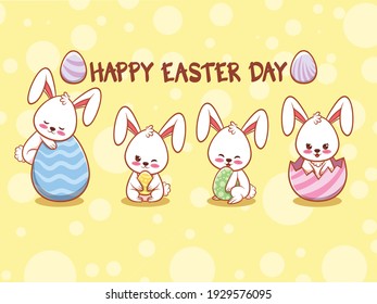 Cute bunny with easter eggs decorated. cartoon character illustration happy easter day concept.