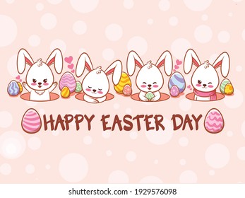 Cute bunny with easter eggs decorated. cartoon character illustration happy easter day concept.