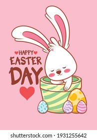 cute bunny with easter eggs decorated. cartoon character illustration happy easter day concept.