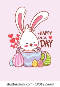 cute bunny with easter eggs decorated. cartoon character illustration happy easter day concept.