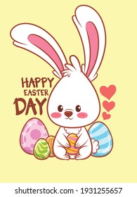 cute bunny with easter eggs decorated. cartoon character illustration happy easter day concept.