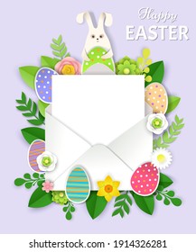 Cute bunny, Easter eggs, flowers and envelope with letter, vector illustration in paper art style. Happy Easter greeting card, poster template.