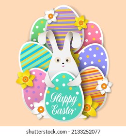 Cute bunny with Easter eggs, flowers, vector illustration in paper art craft style. Happy Easter greeting card design template.